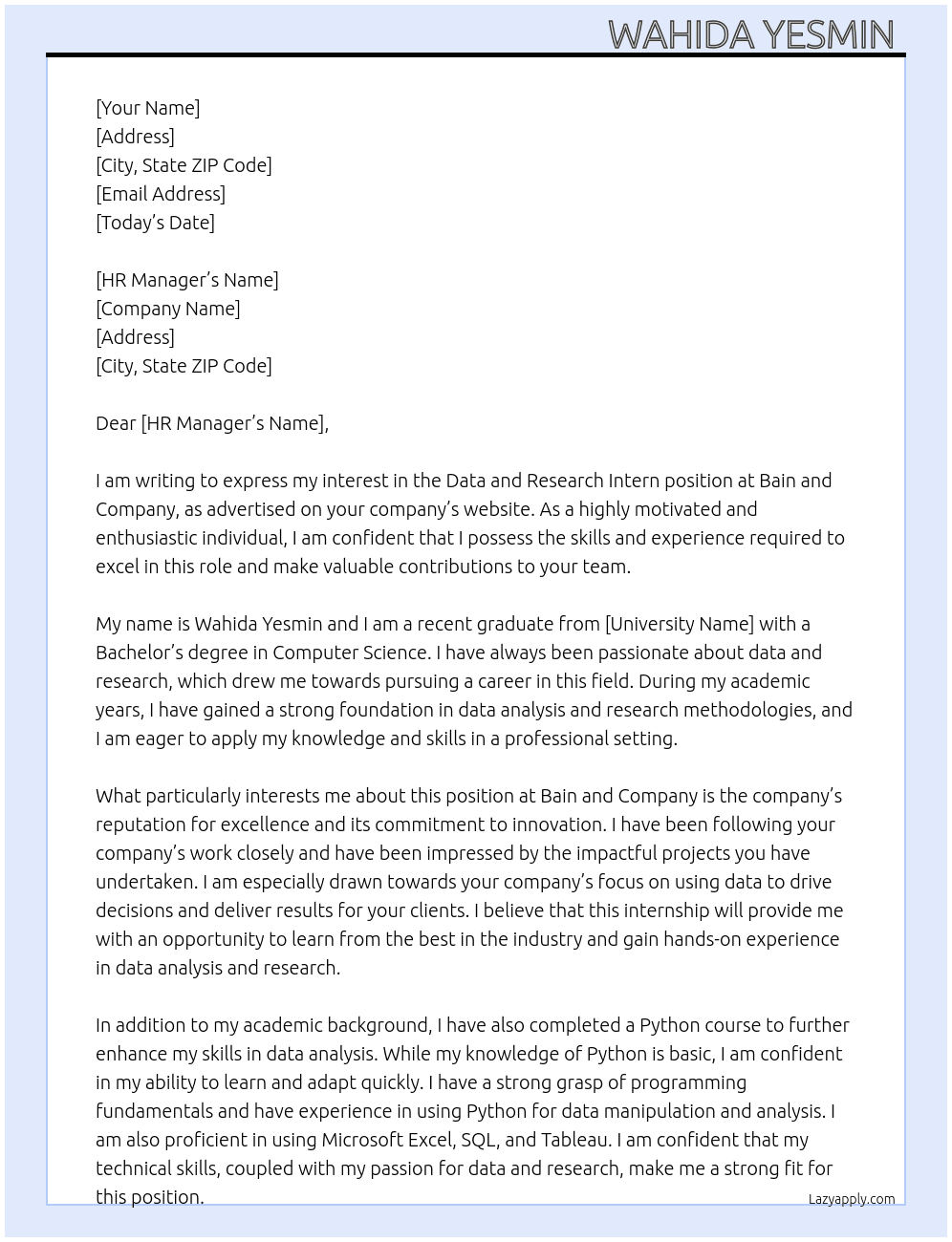 Cover letter for data and research intern - LazyApply