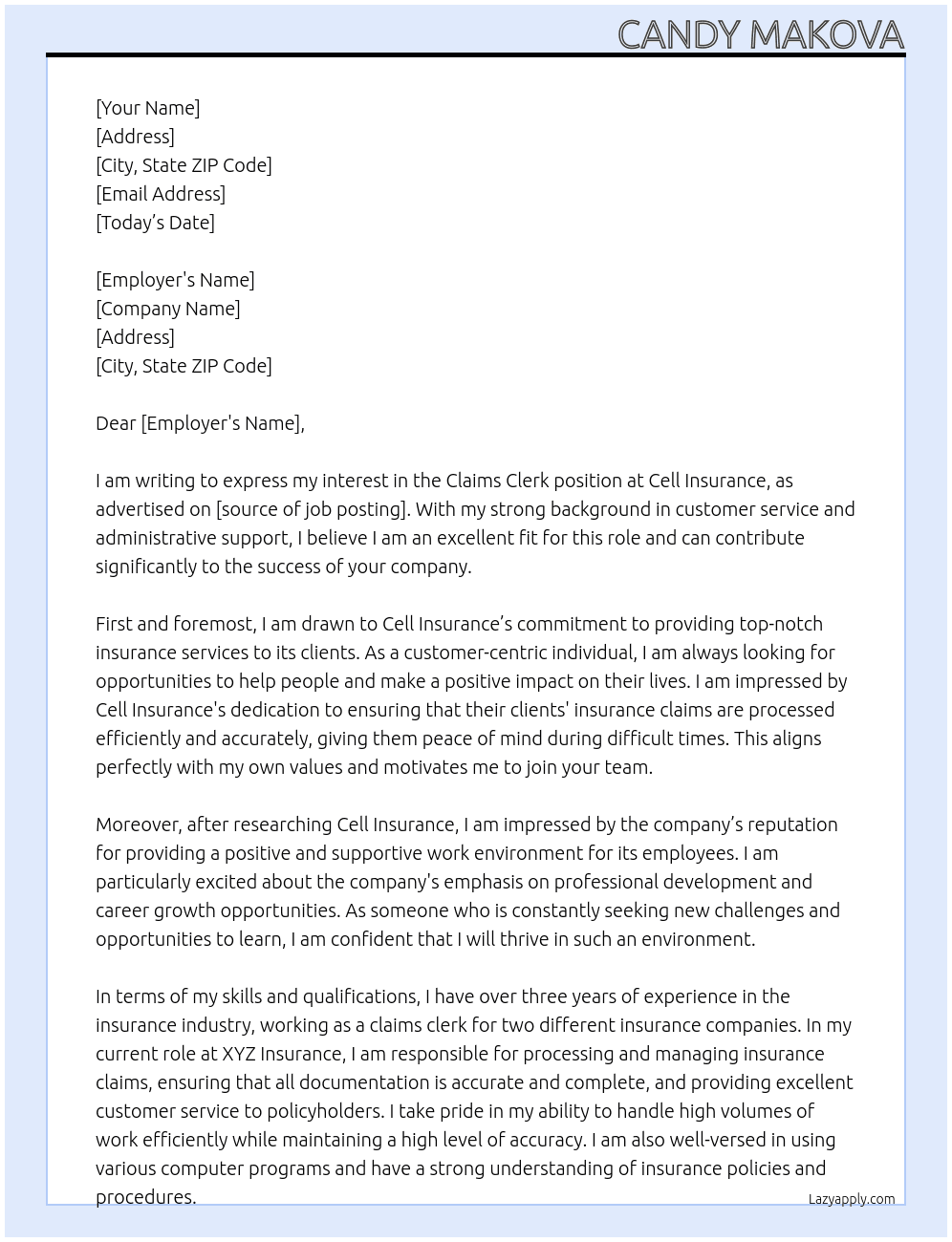 claims clerk At Cell Insurance Cover Letter