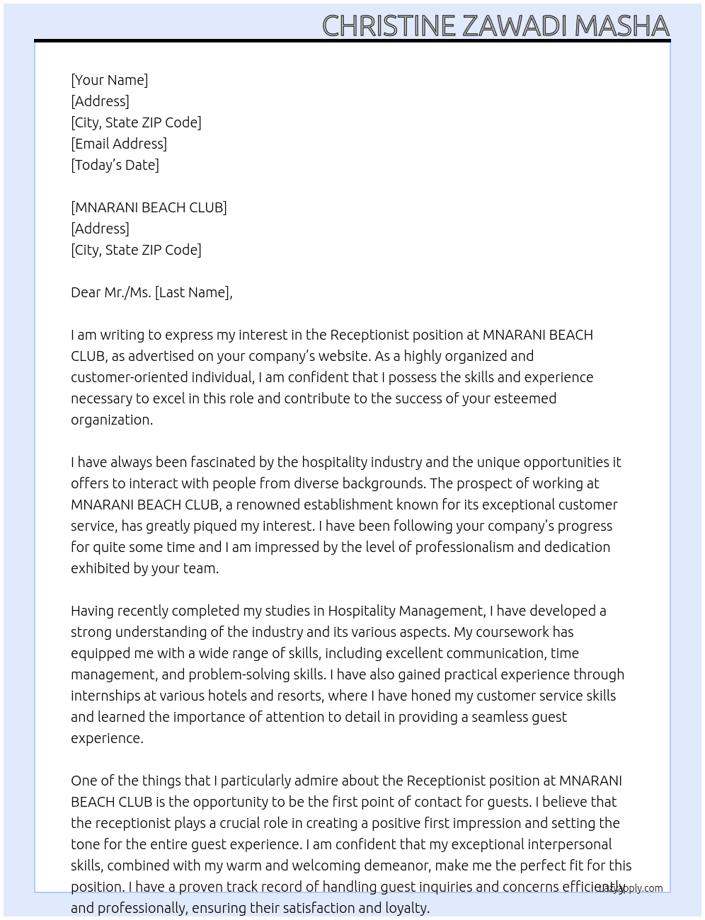 RECEPTIONIST At CHRISTINE ZAWADI MASHA Cover Letter