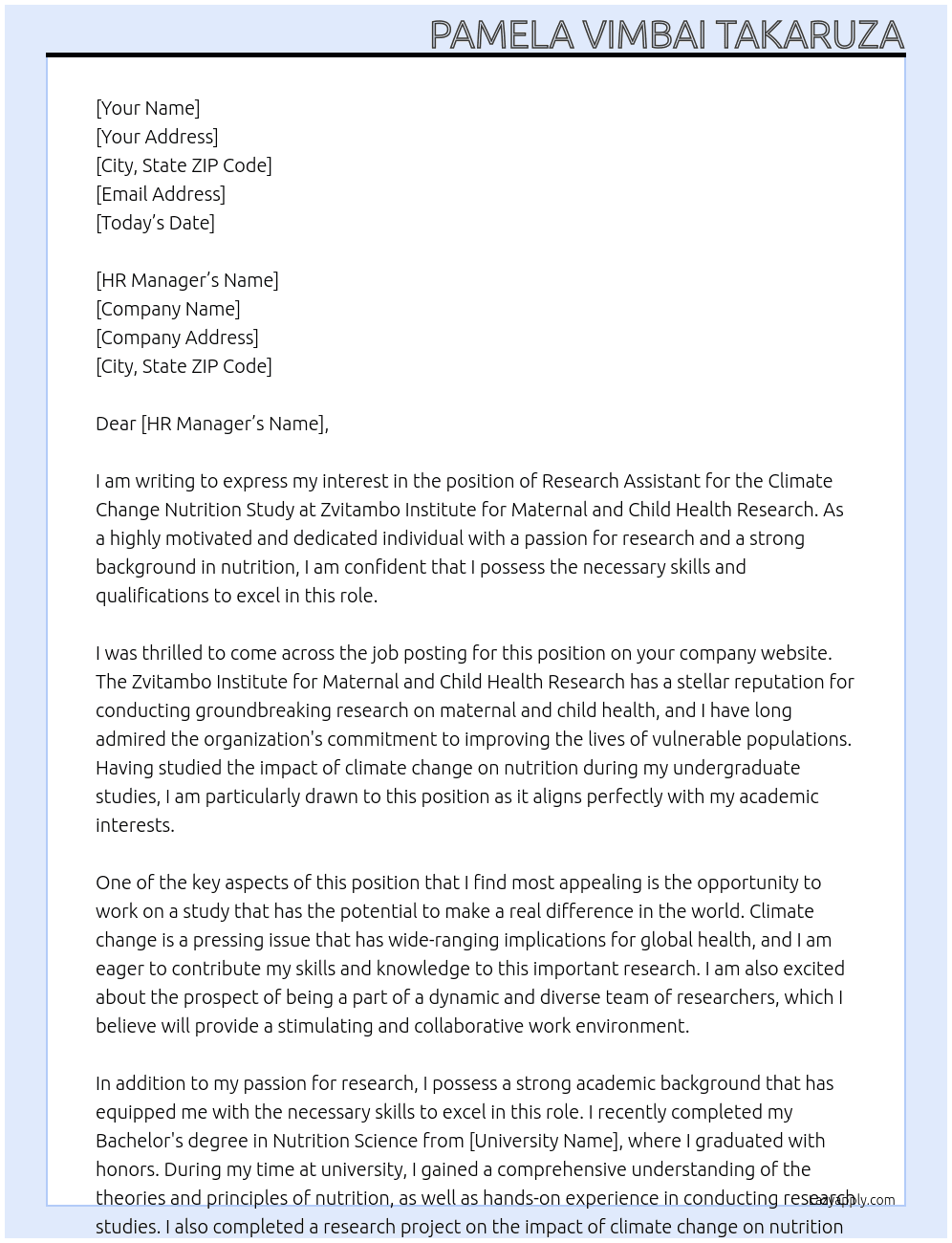 Cover letter for research assistant on climate change nutrition study - LazyApply