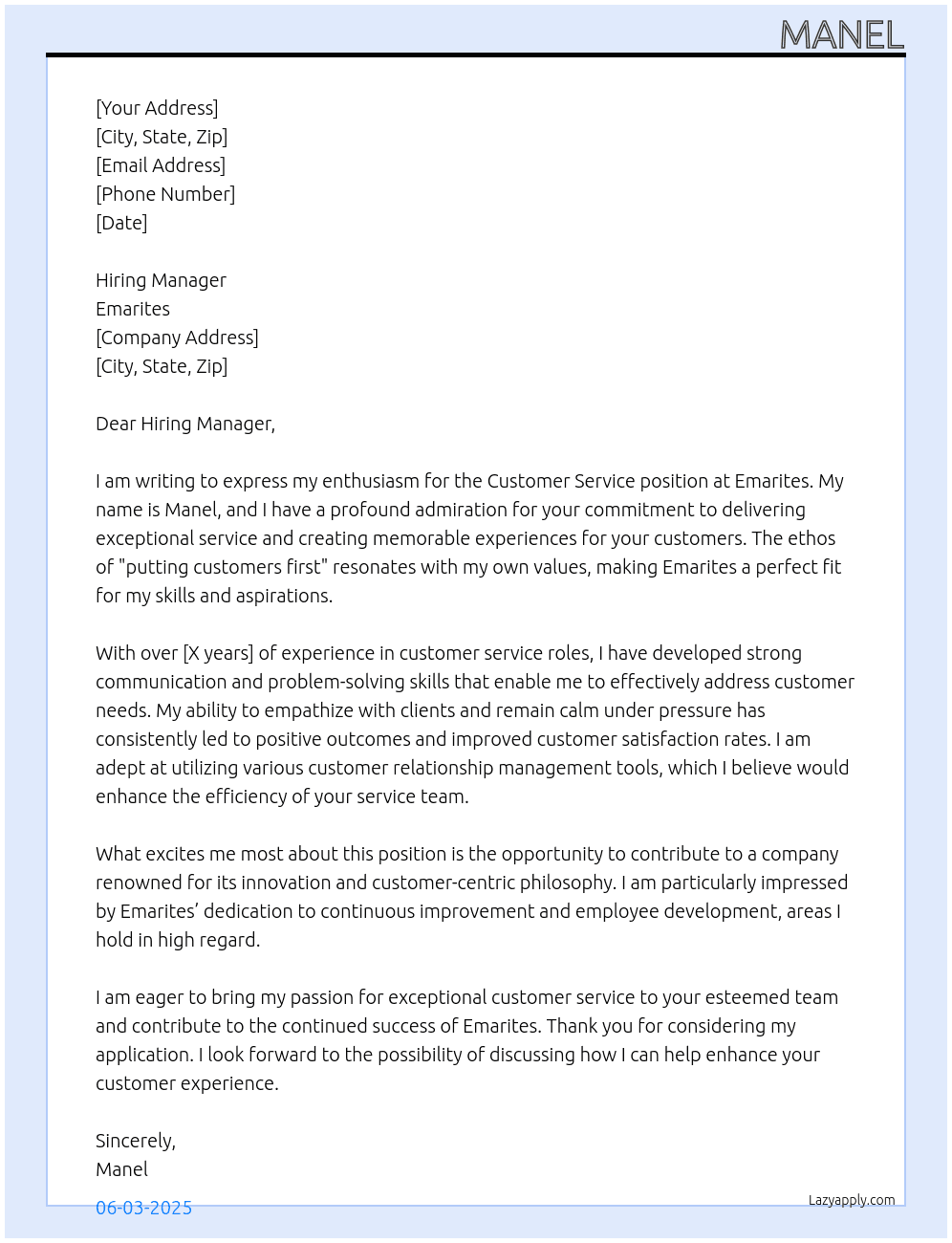 Customer service  At Emarites  Cover Letter