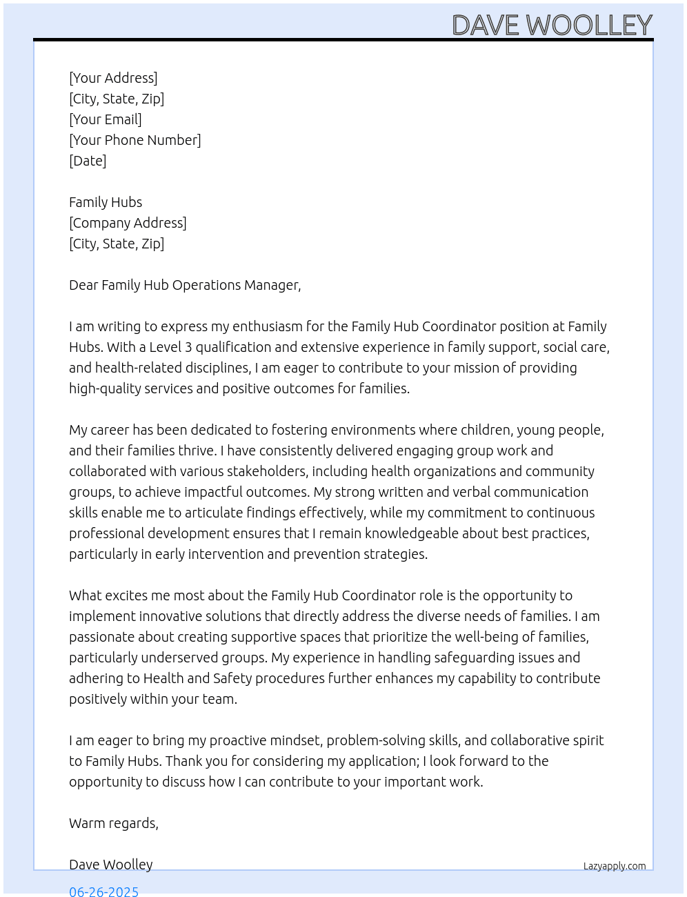 Family Hub Co ord  At Family hubs  Cover Letter