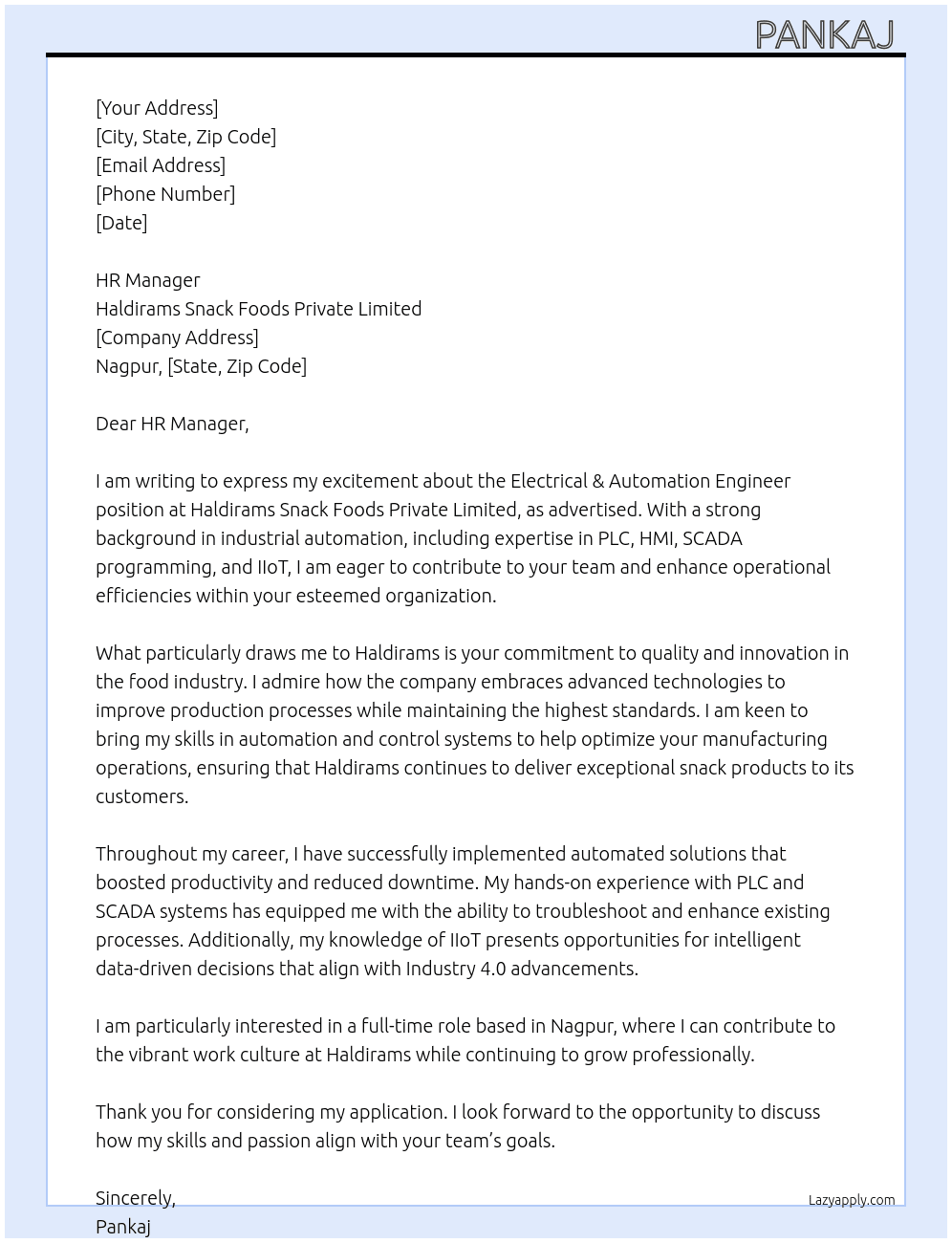Cover letter for electrical & automation engineer - LazyApply