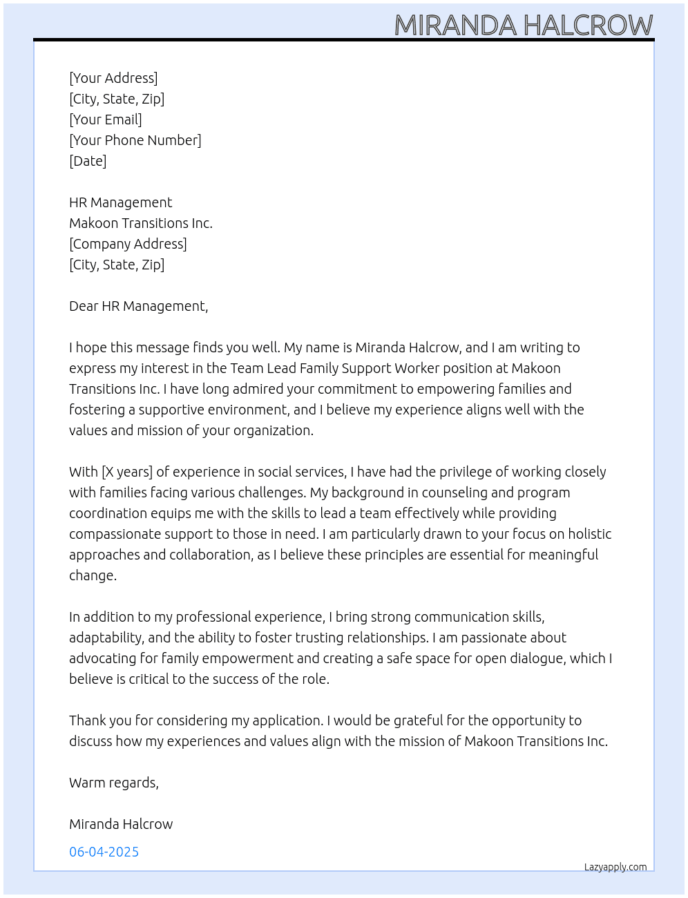 Team Lead family support worker At Makoon transitions inc Cover Letter