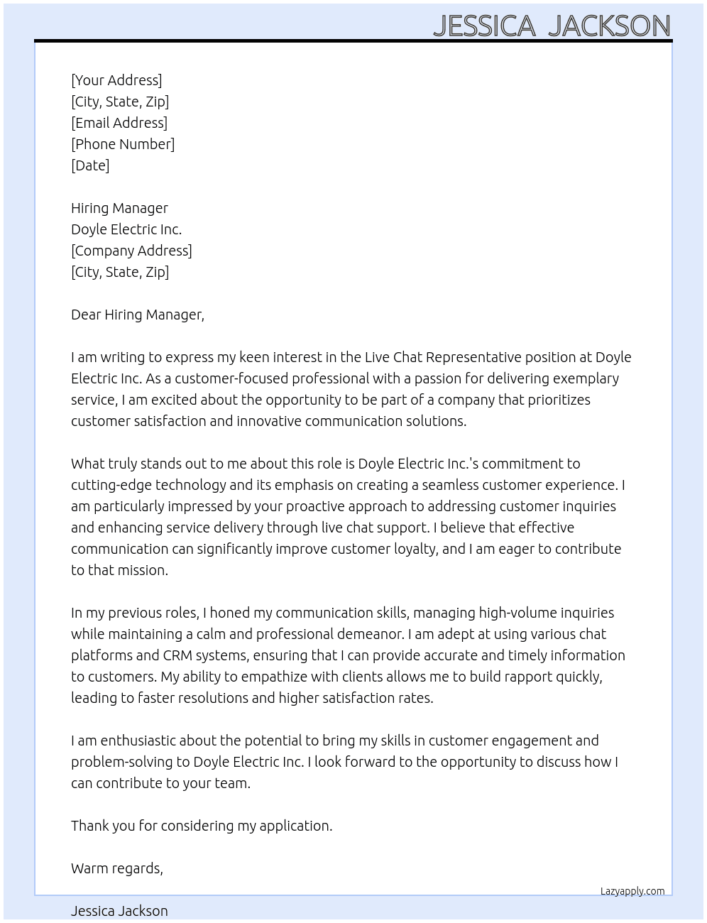 Live Chat Representative At Doyle Electric Inc. Cover Letter