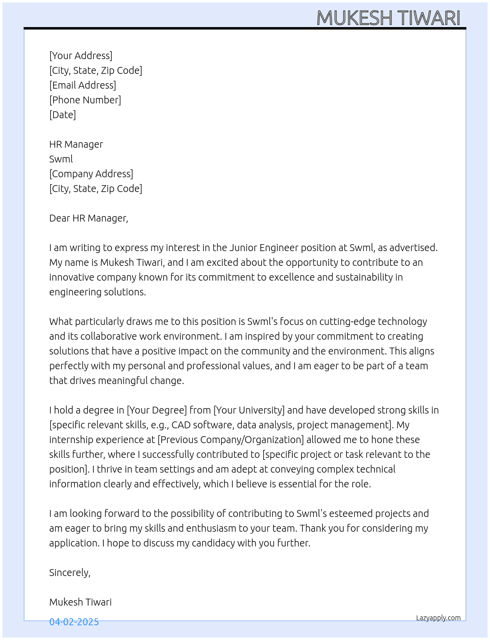 Junior engineer  At Swml Cover Letter