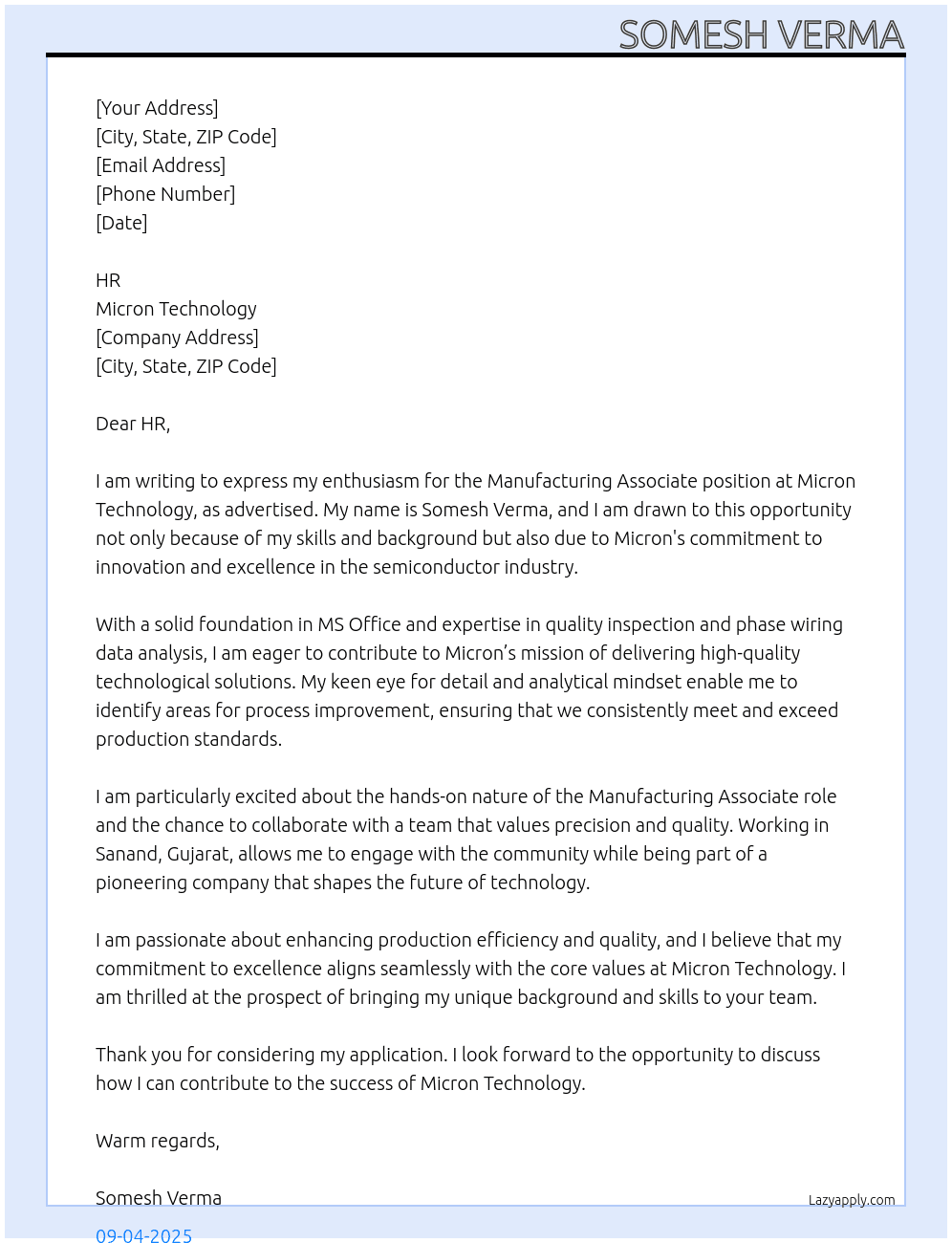 Manufacturing associate At Micron Technology Cover Letter