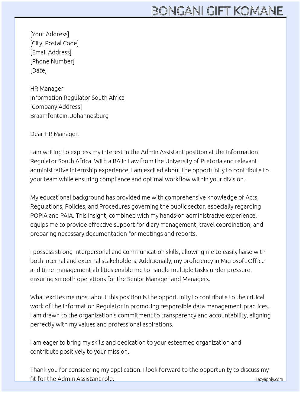Admin Assistant At Information Regulator South Africa Cover Letter