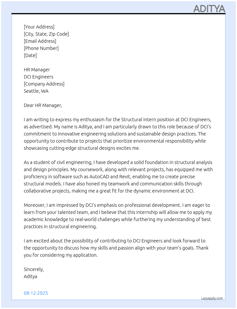 Structural Intern At DCI Engineers Cover Letter