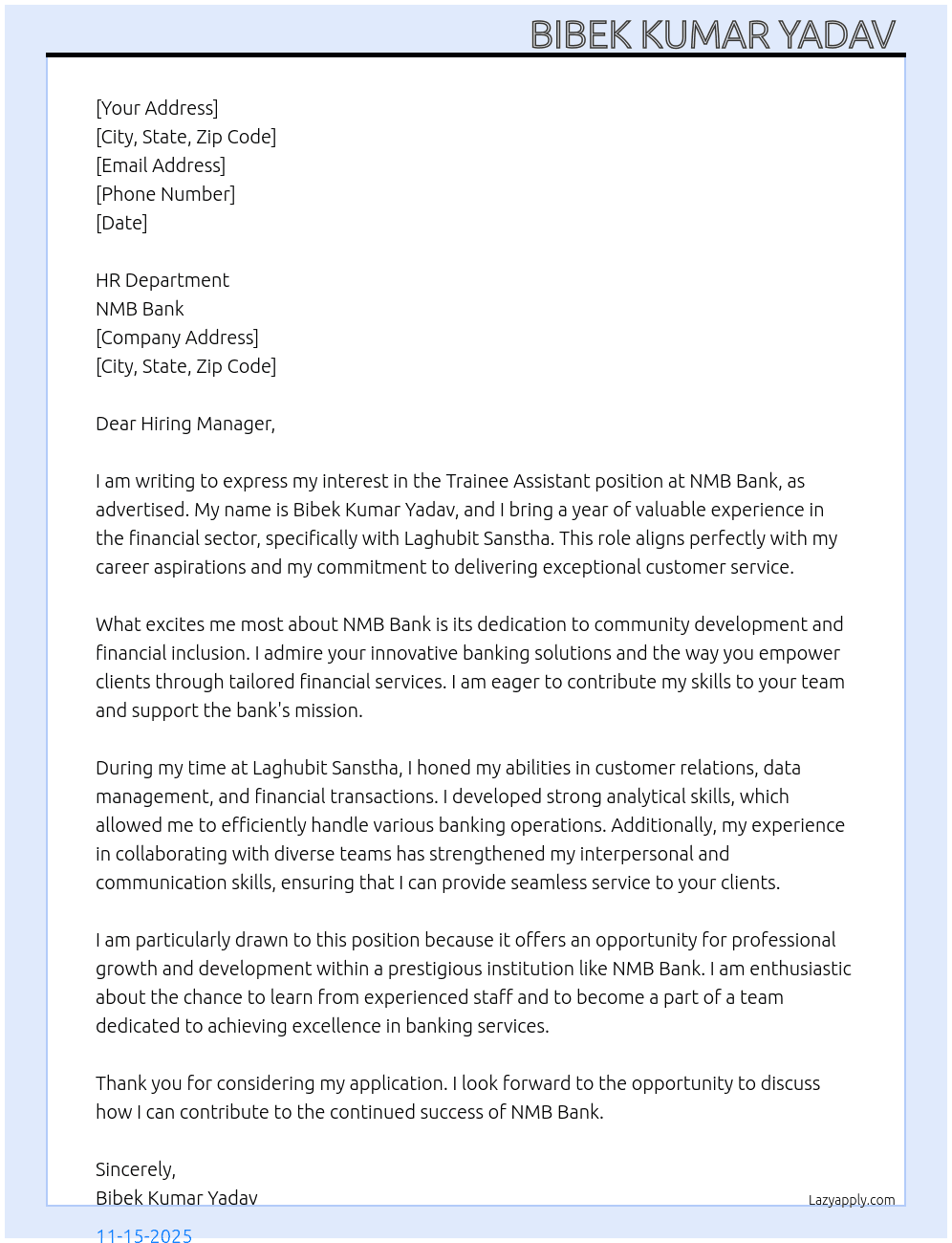 Trainee Assistant  At NMB Bank  Cover Letter