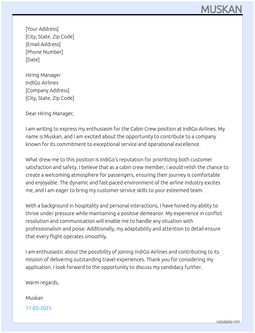 cabin crew  At indigo Cover Letter