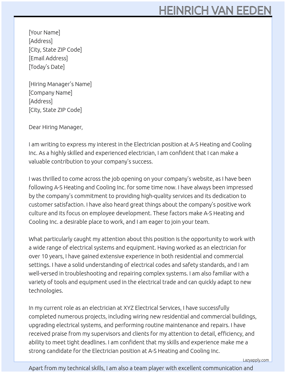 Electrician At A-S Heating and Cooling Inc. Cover Letter