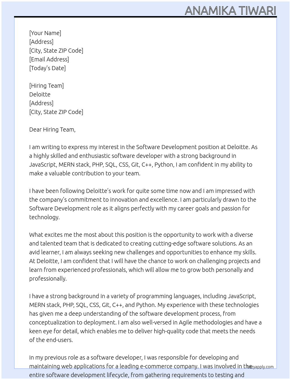 Software Development At Deloitte Cover Letter
