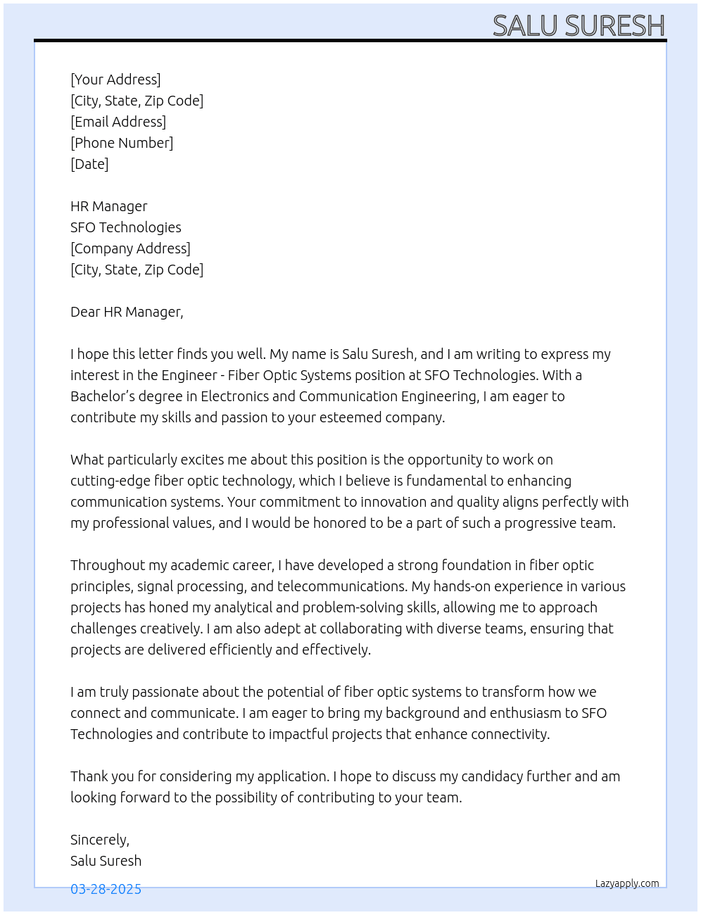 Engineer - Fiber optic systems At SFO Technologies Cover Letter