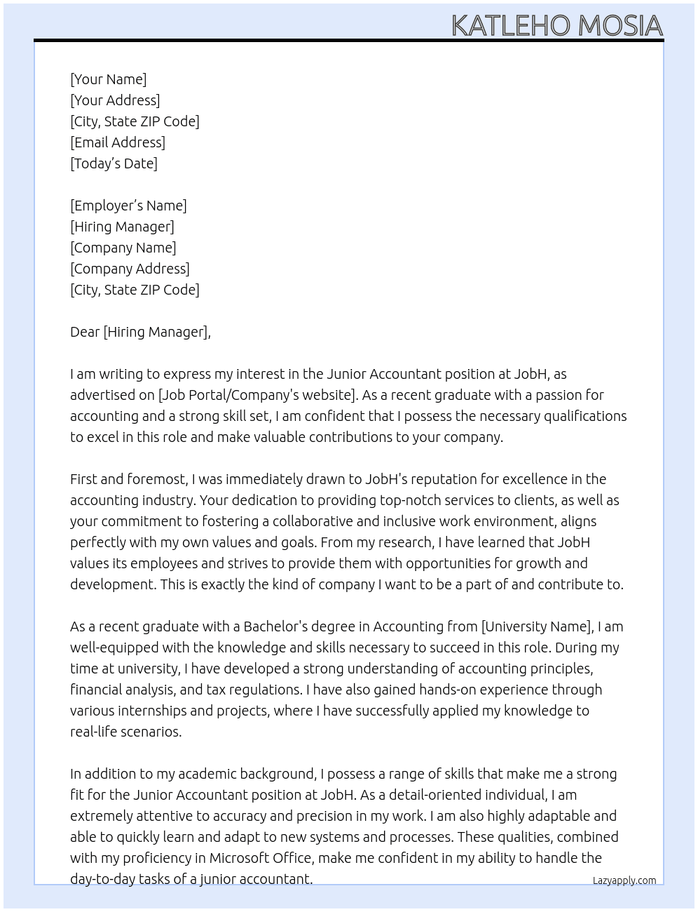 junior accountant At JobH Cover Letter