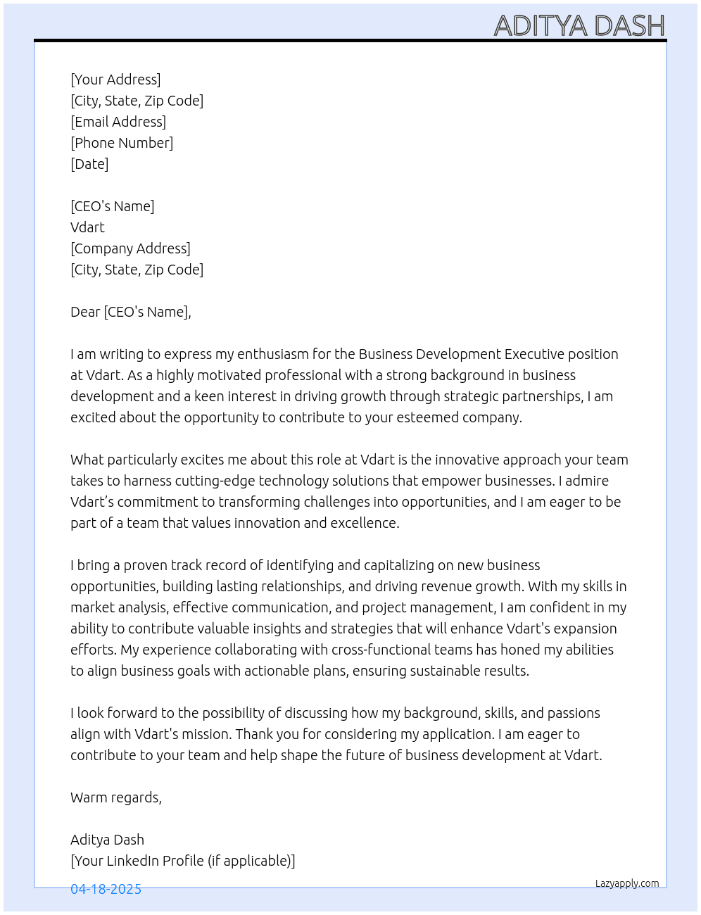 Buisness development executive  At Vdart Cover Letter