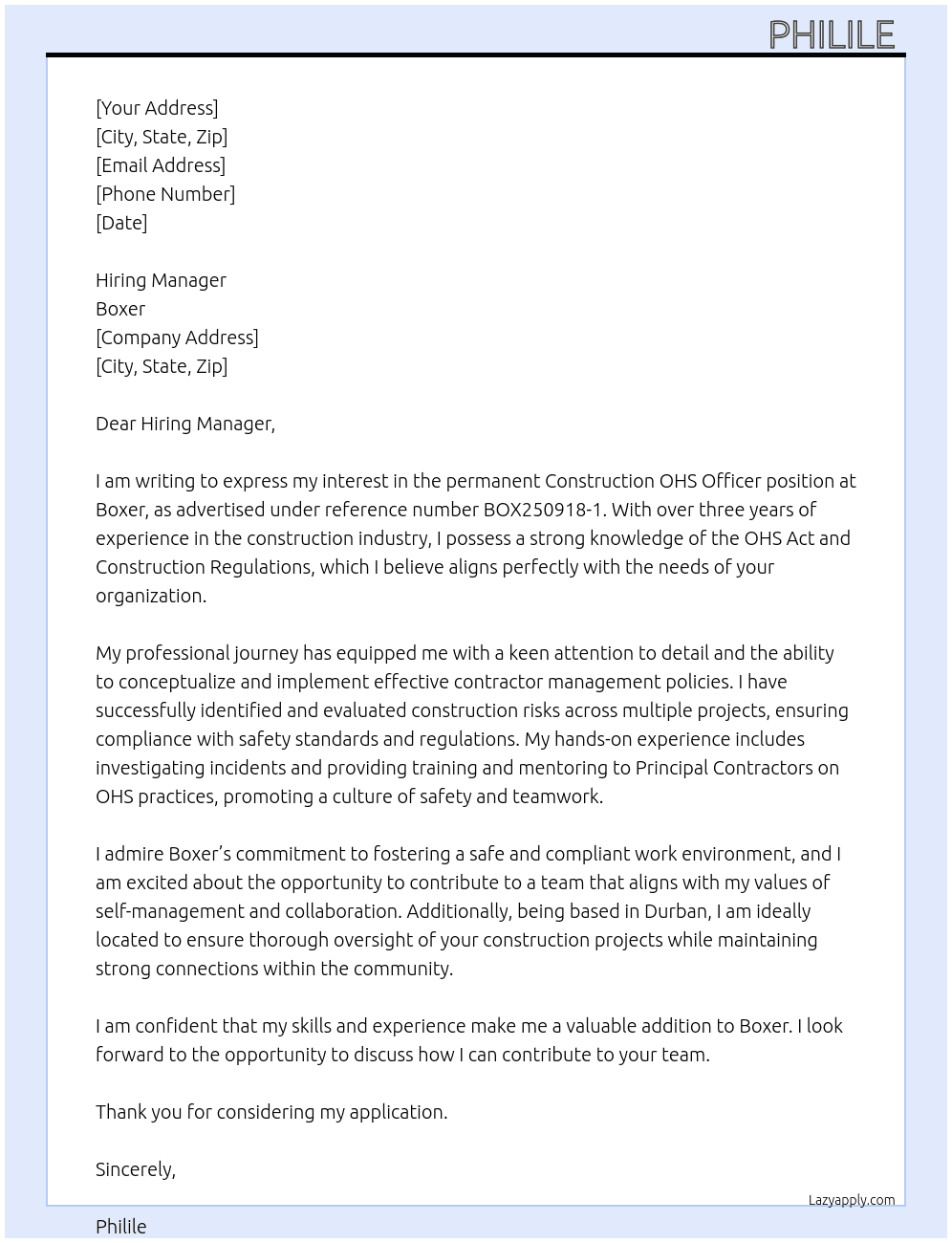 Construction OHS Officer At Boxer Cover Letter
