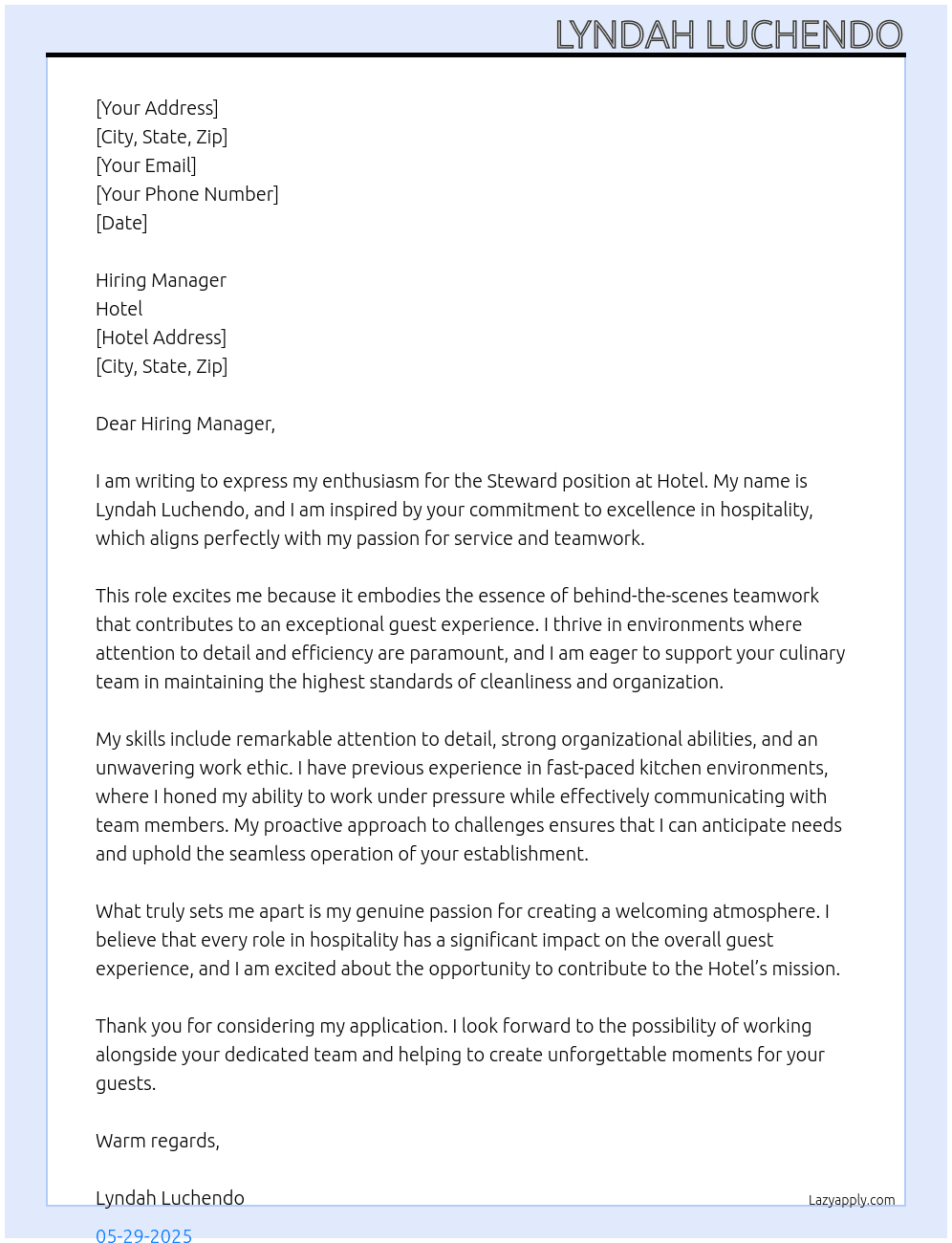 Steward At Hotel Cover Letter