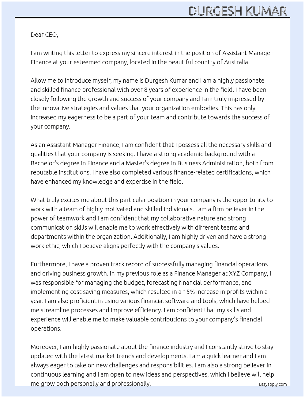 Assistant manager finance  At Australia country  Cover Letter