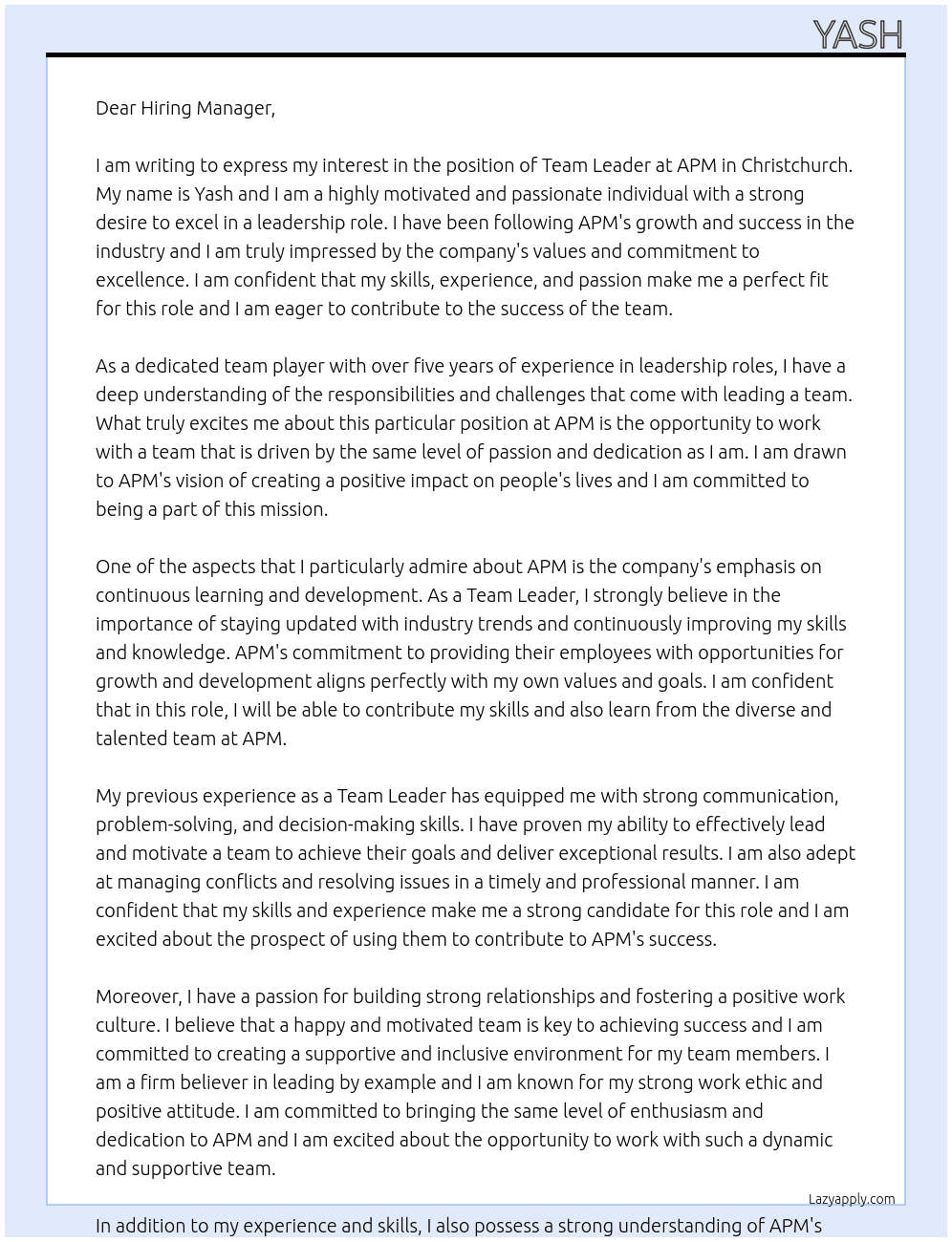 Team Leader At APM Cover Letter