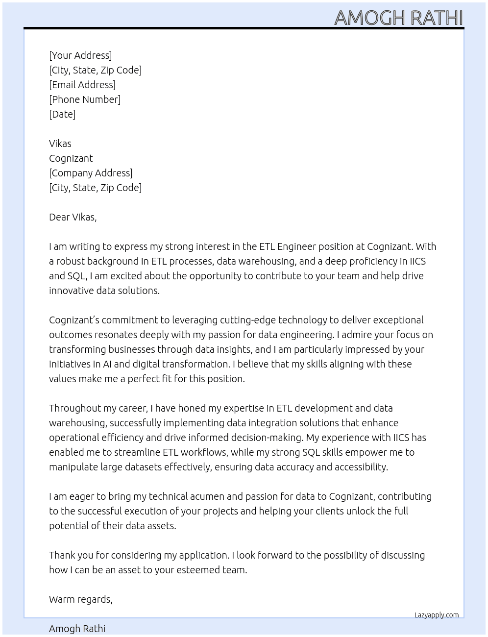 ETL Engineer At Cognizant Cover Letter