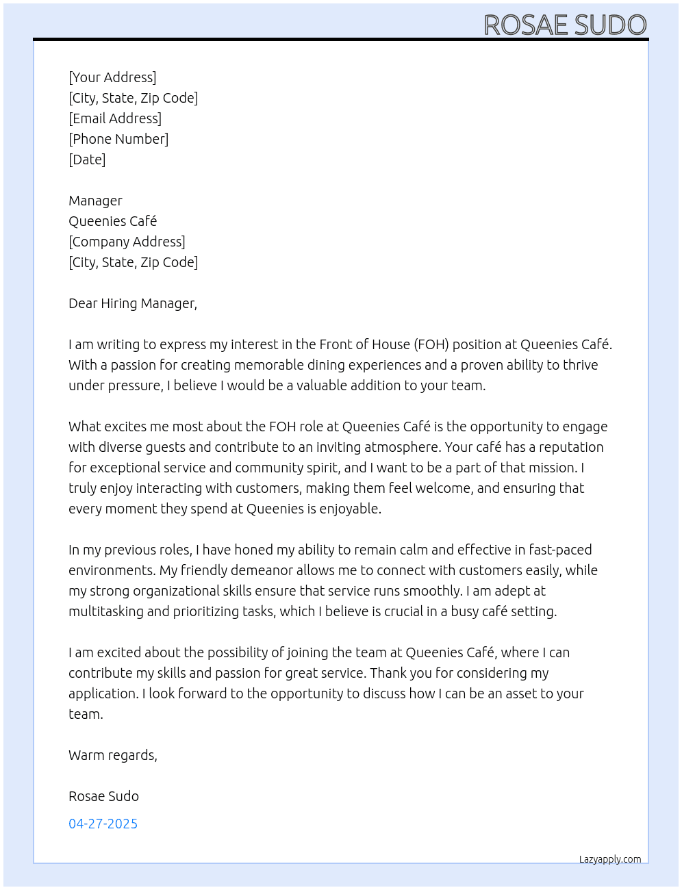 FOH At Queenies cafe Cover Letter