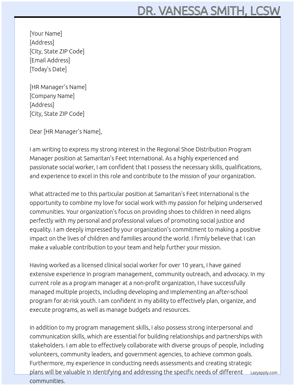 Regional Shoe Distribution Program Manager At Samaritan's Feet International  Cover Letter