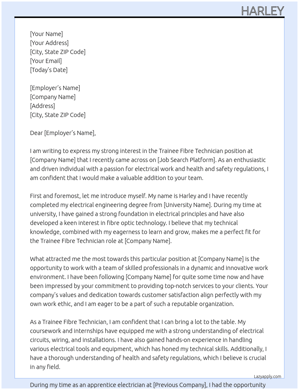 Trainee fibre technician At PPR Cover Letter