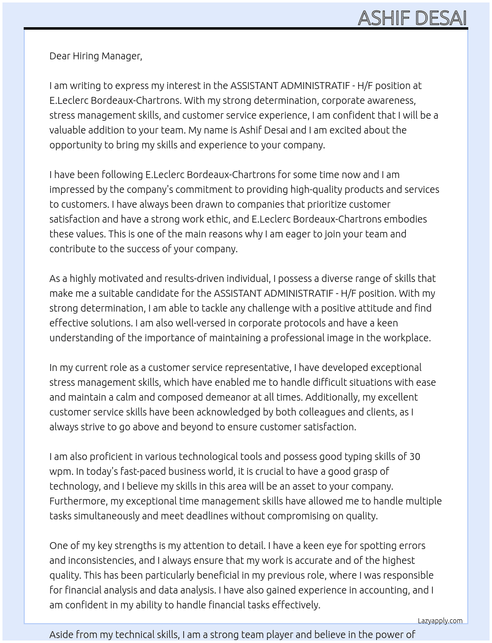 Cover letter for assistant administratif - h/f - LazyApply