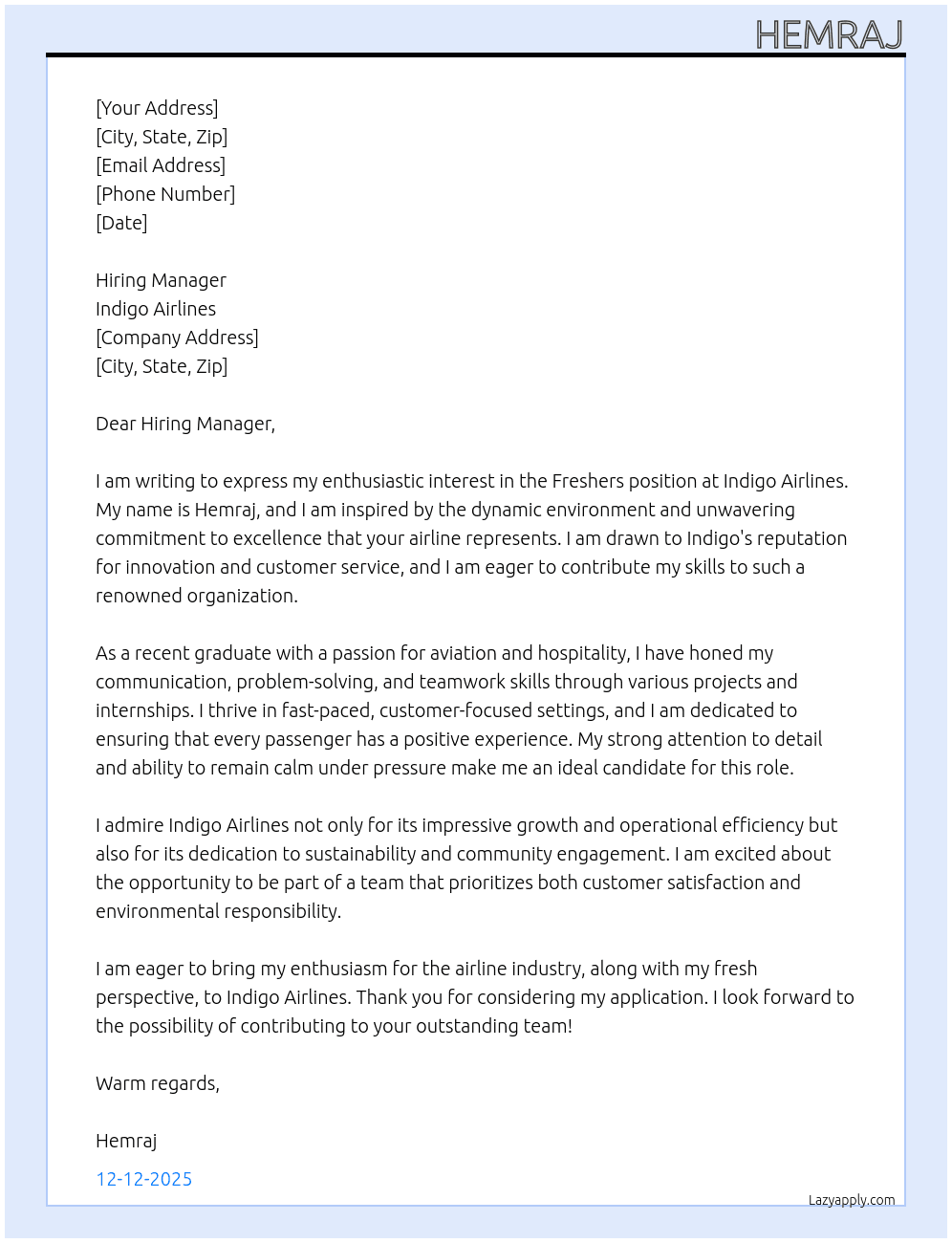 Cover letter for freshers - LazyApply