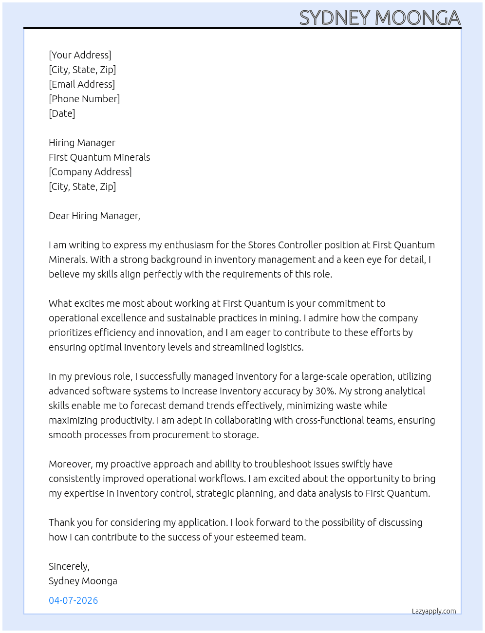 Stores Controller At first quantum Cover Letter