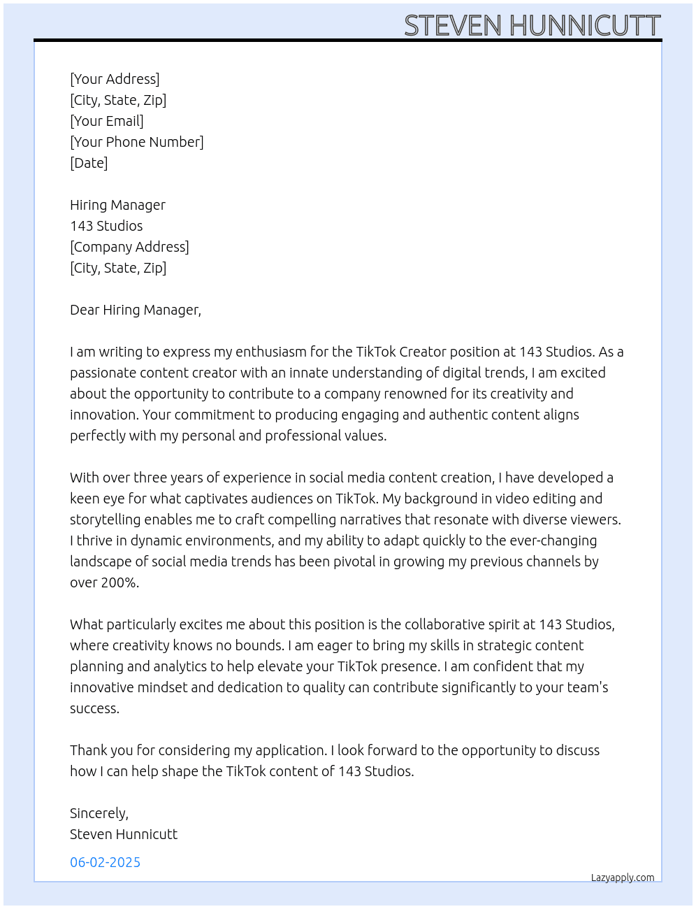 Tik Tok Creator At 143 Studios Cover Letter