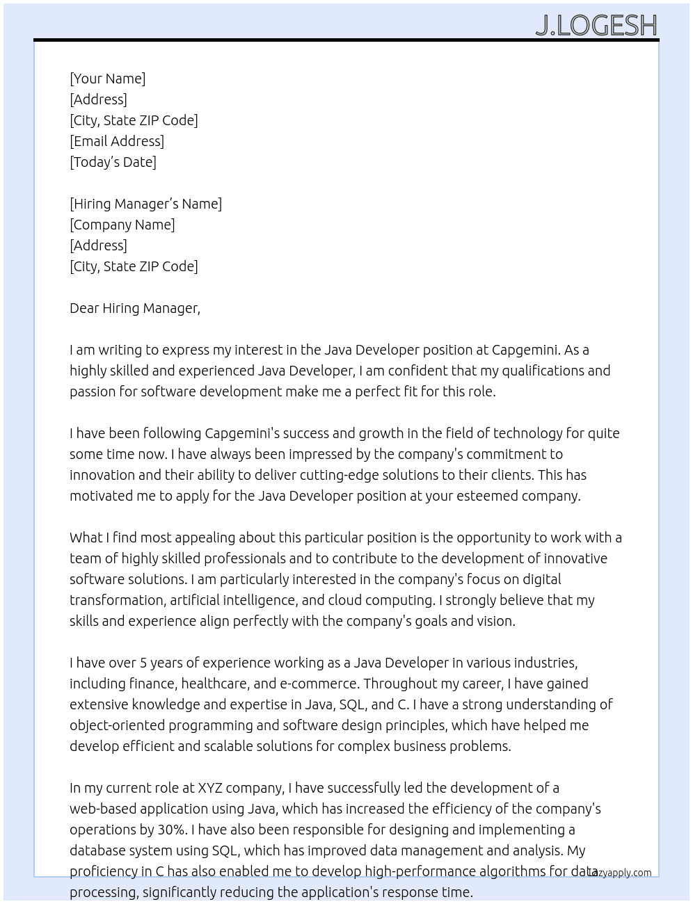 Java Developer  At Capgemini  Cover Letter
