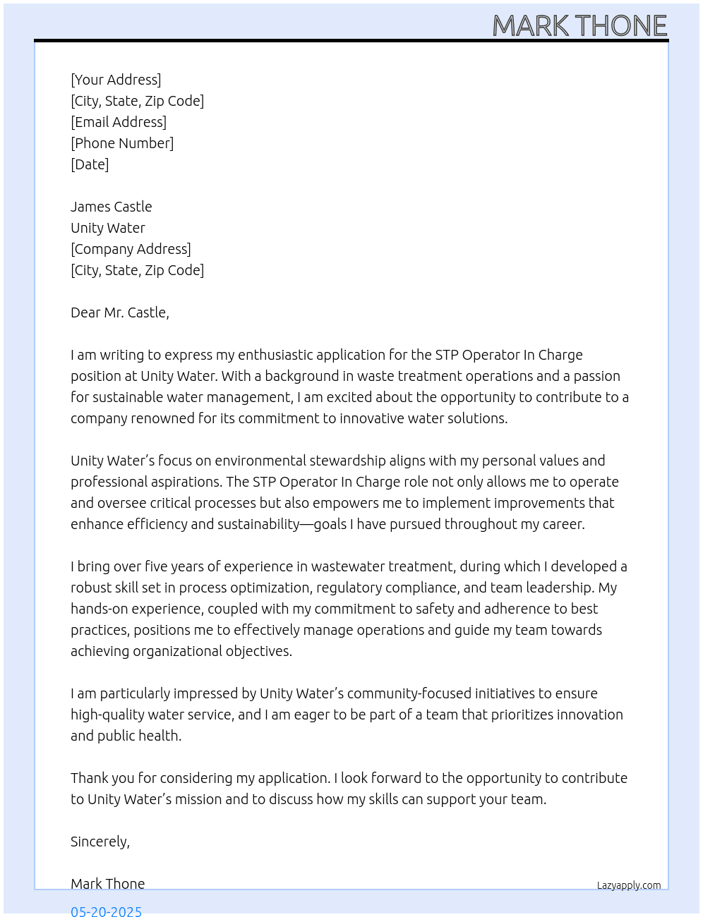 STP Operator In Charge At Unity Water Cover Letter