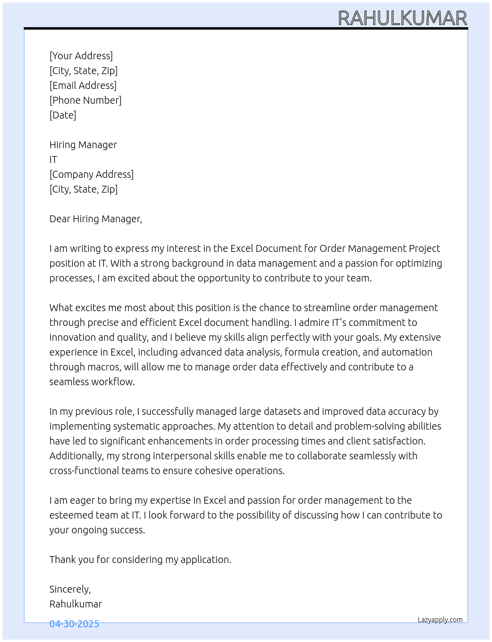 Cover letter for excel document for order management project - LazyApply