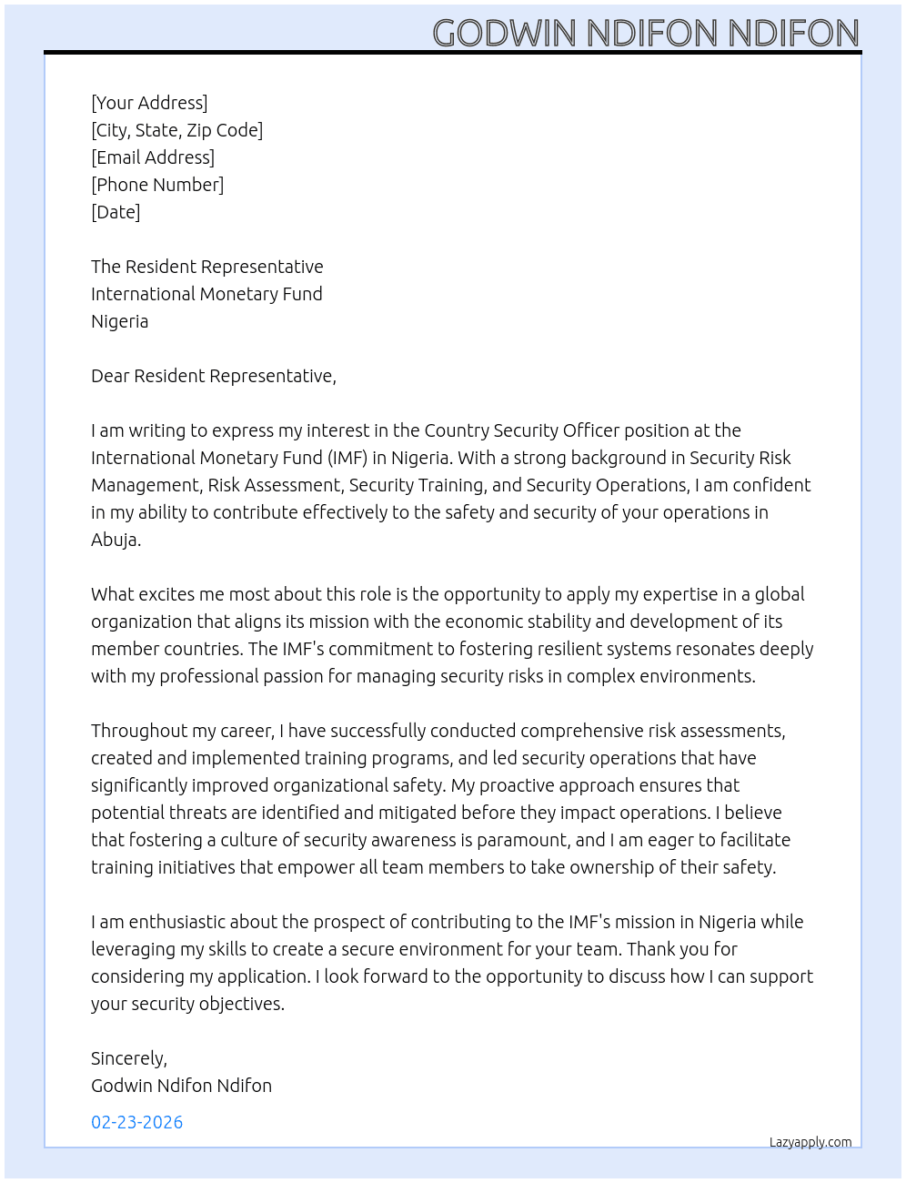 Country Security Officer At International Monetrary Fund, Nigeria Cover Letter
