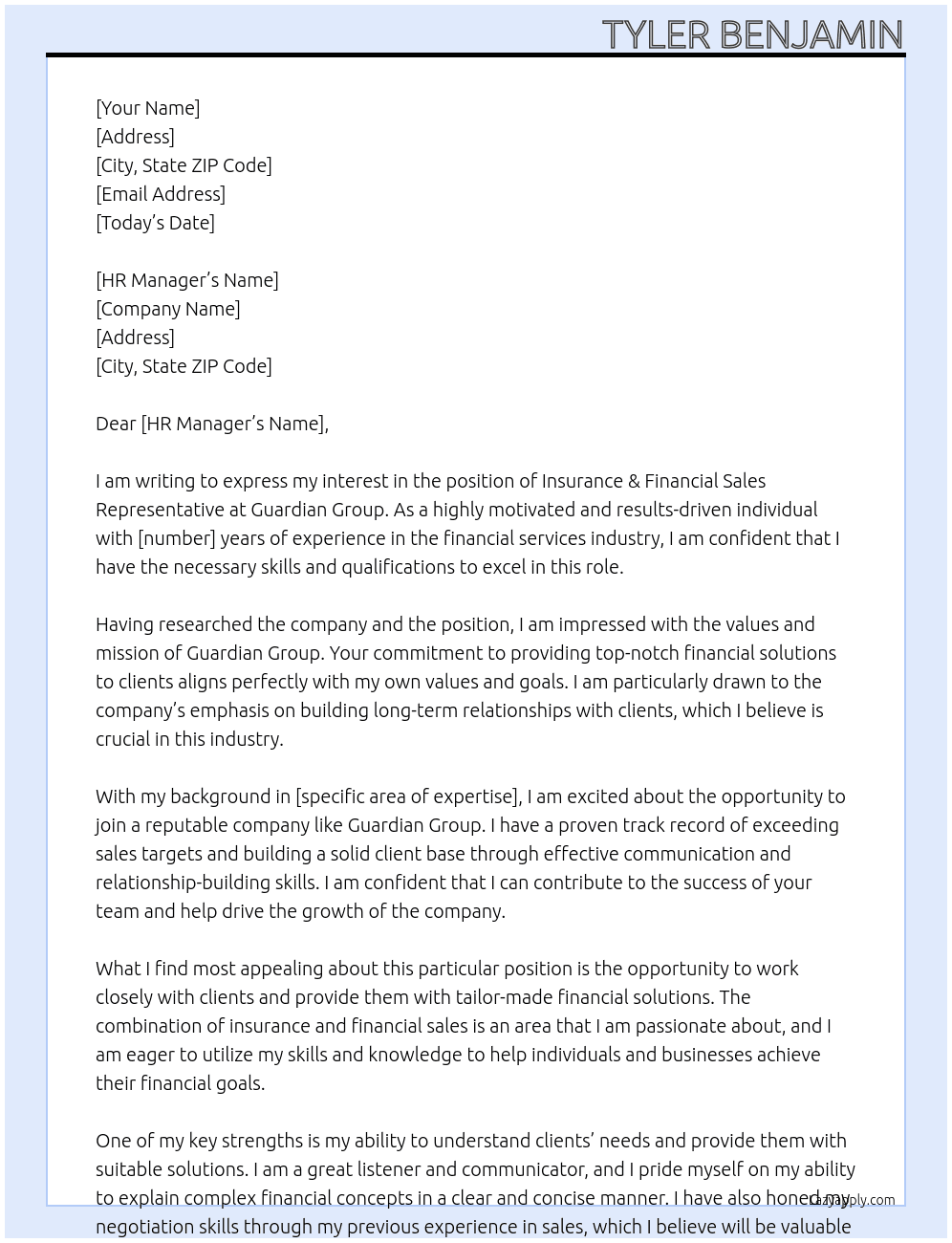 Insurance & Financial Sales Representative At Guardian Group Cover Letter