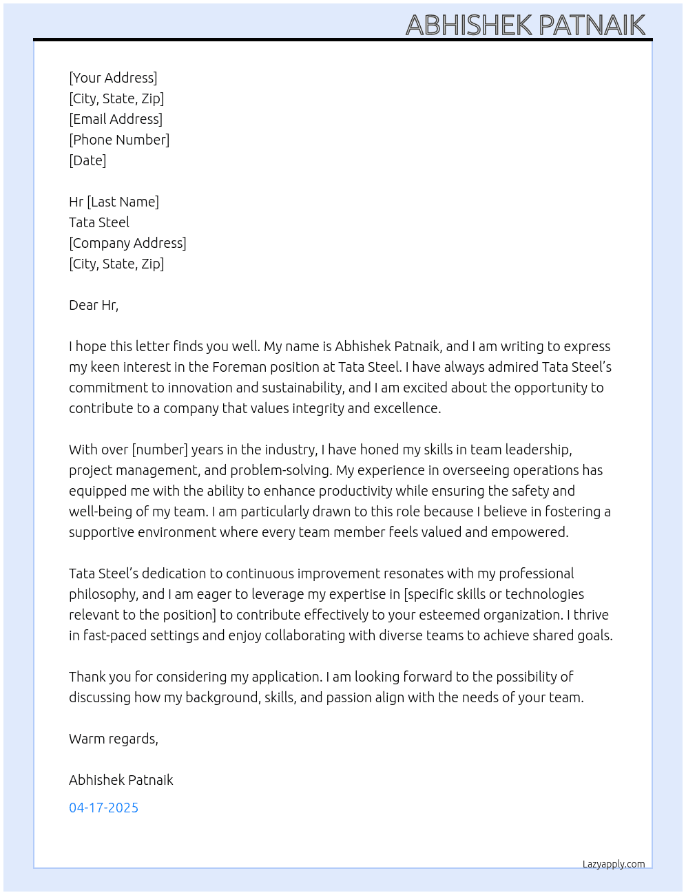 Cover letter for foreman - LazyApply
