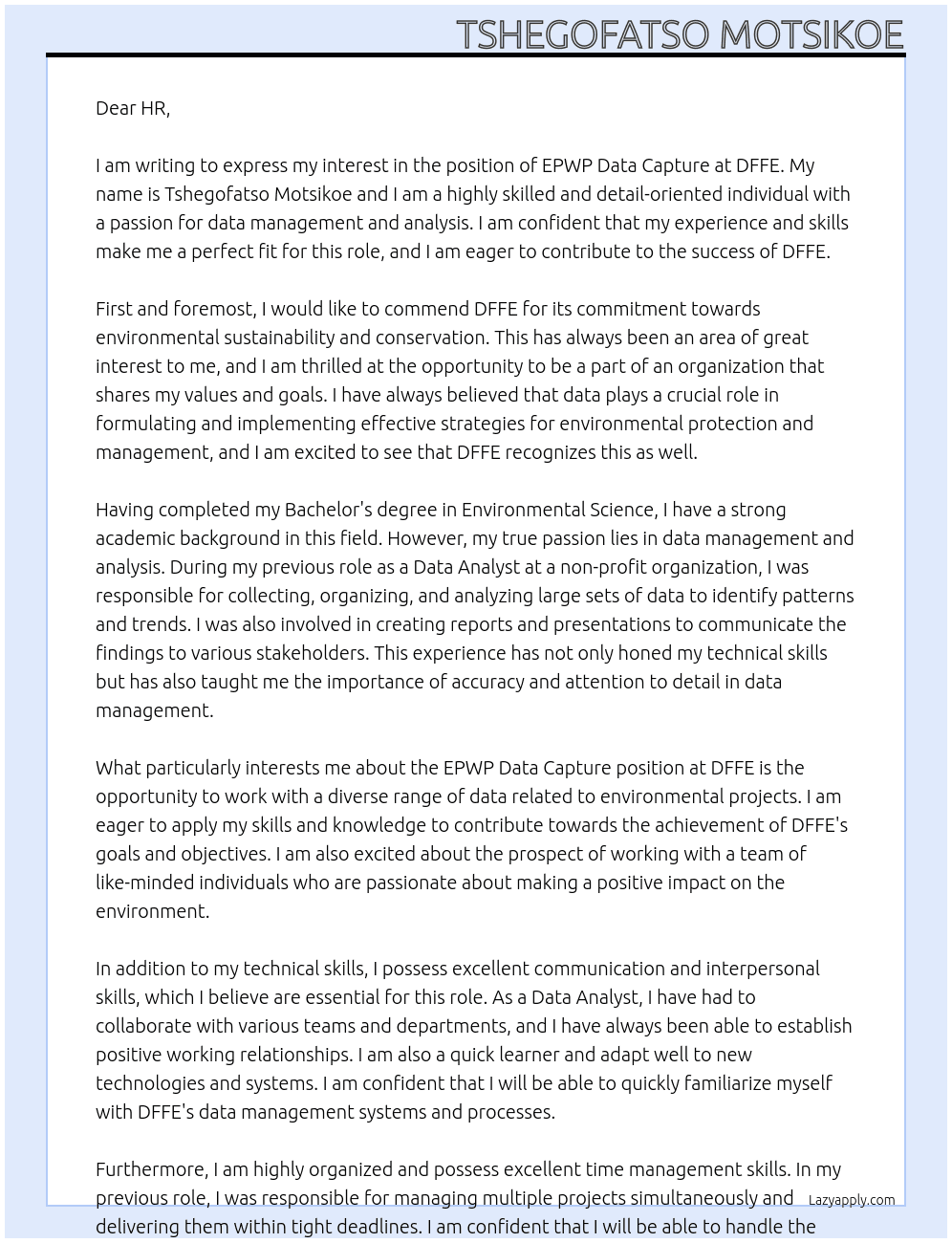 EPWP Data Capture At DFFE Cover Letter