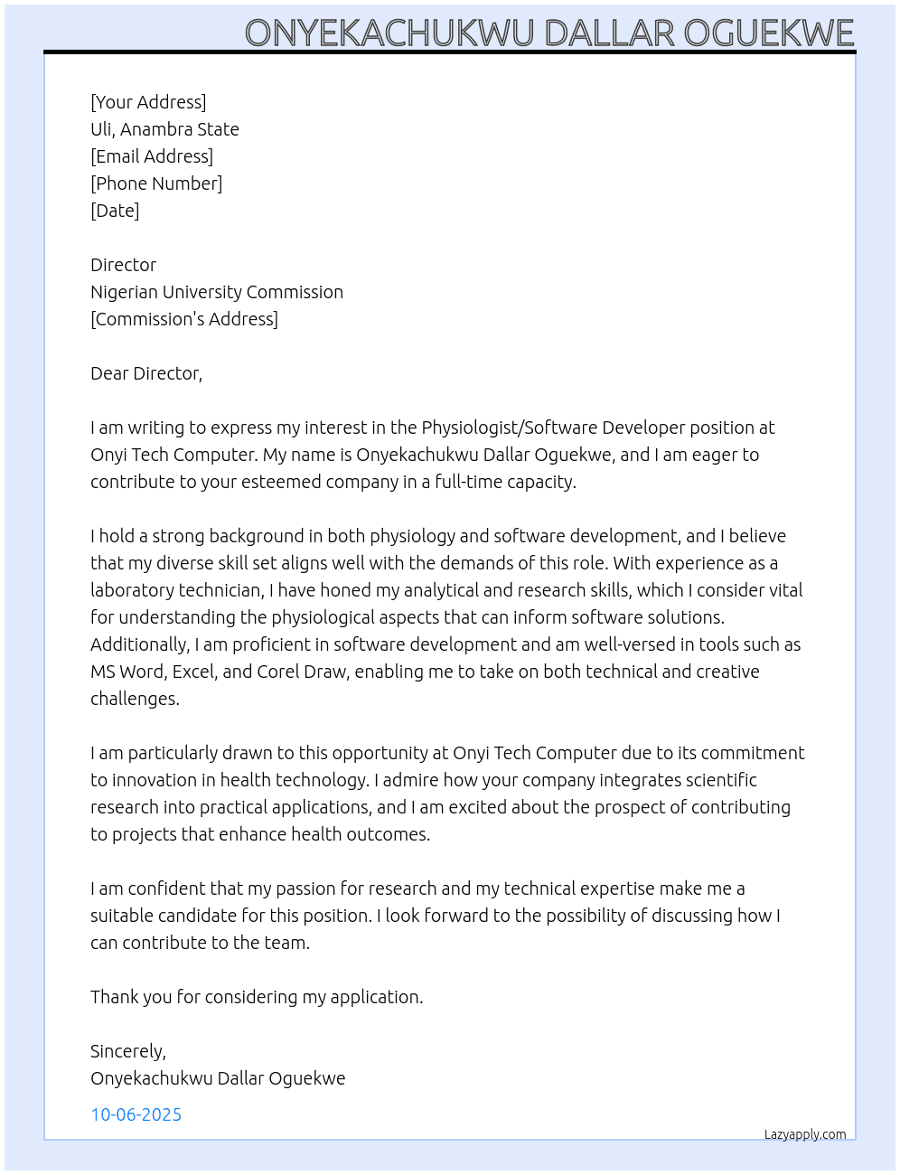 Physiologist / software developer At Onyi Tech computer Cover Letter