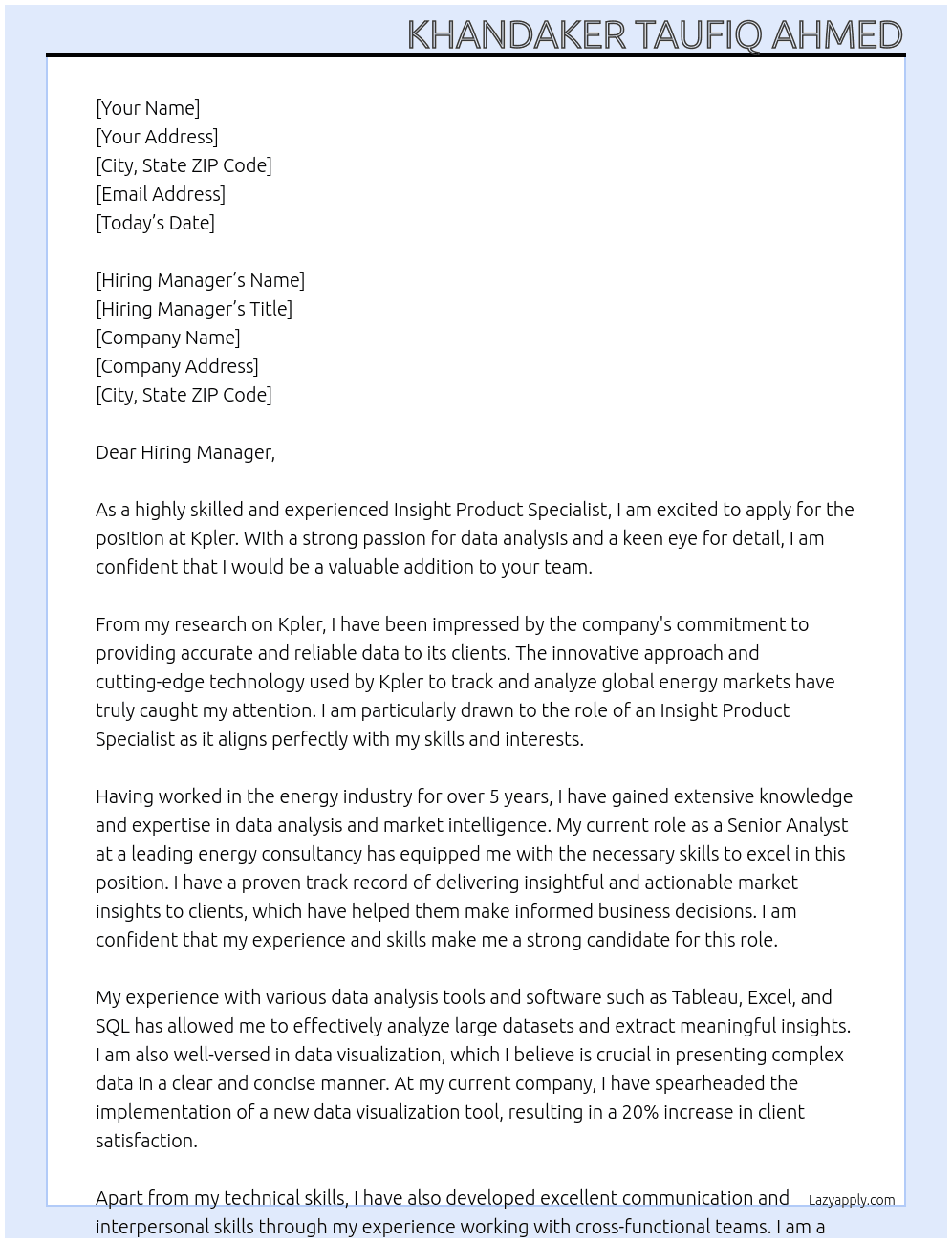 Cover letter for insight product specialist - LazyApply