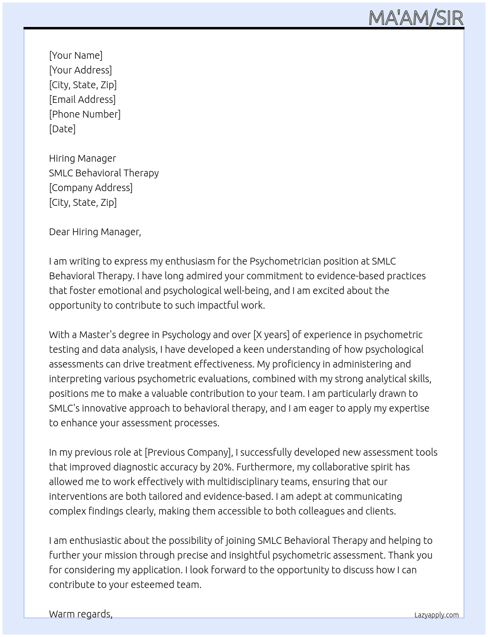 Psychometrician At SMLC behavioral therapy Cover Letter