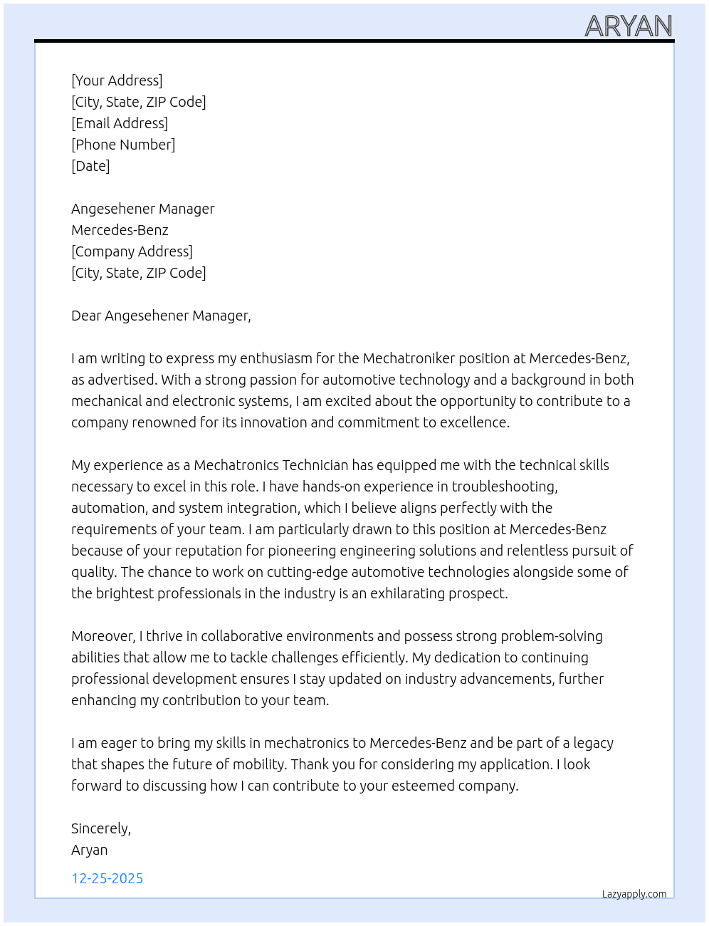 Mechatroniker  At Mercedes-Benz  Cover Letter