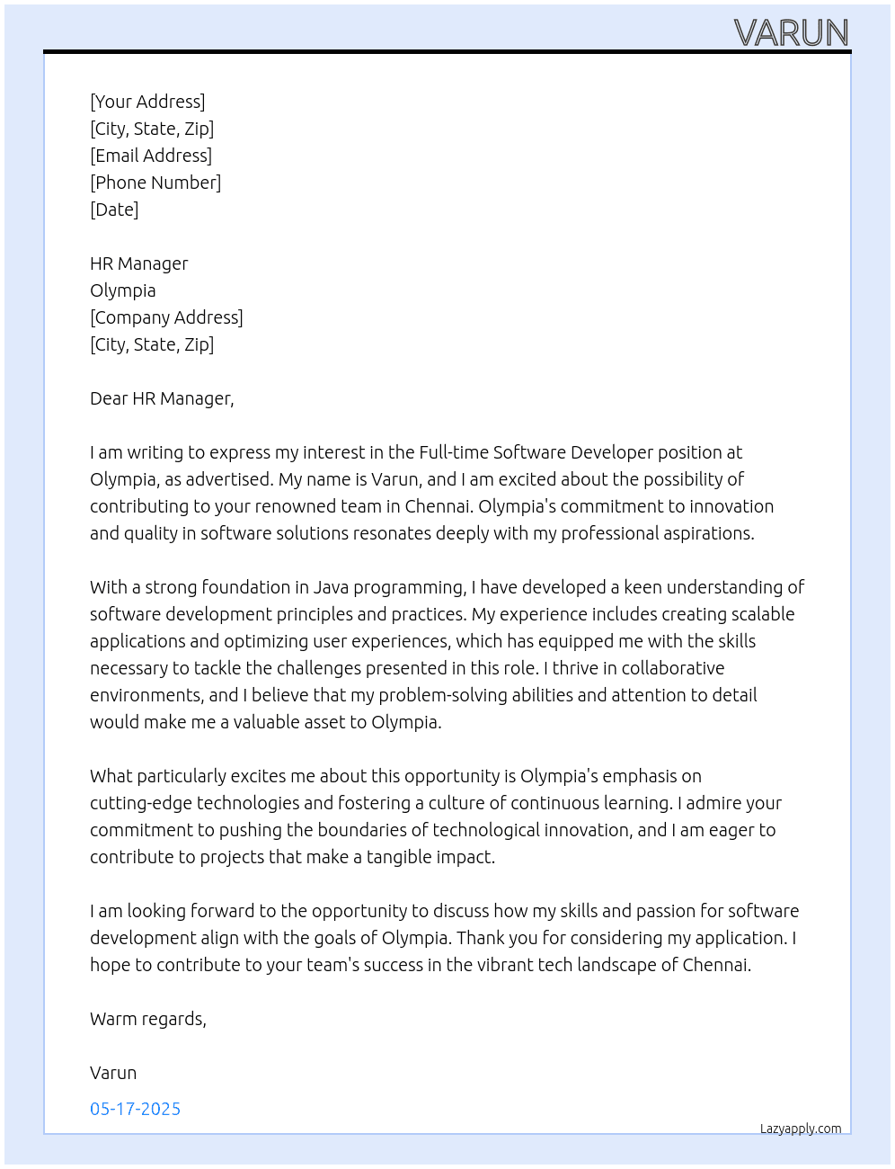Software developer  At Olympia  Cover Letter