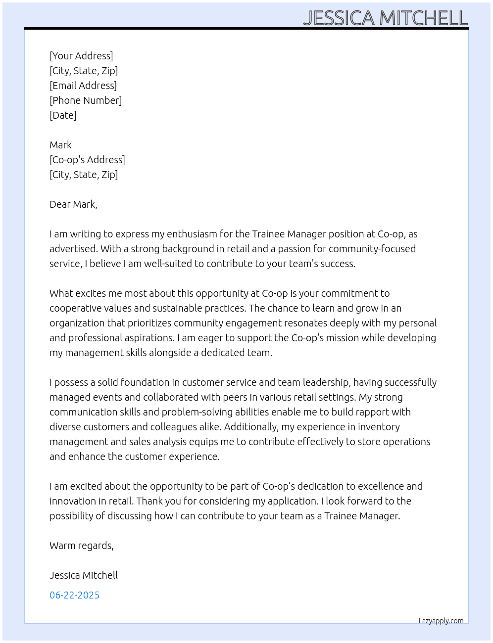trainee Manager At co op Cover Letter