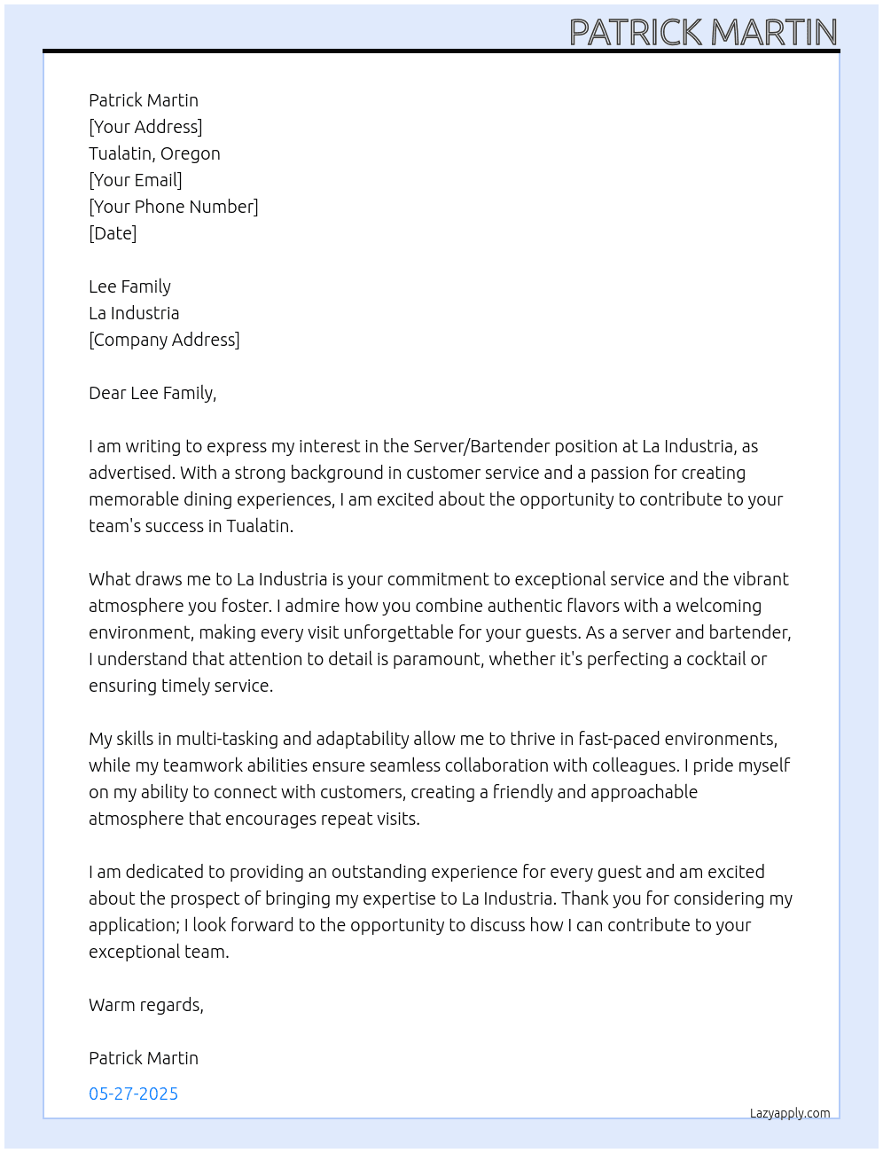 Server/Bartender At La Industria Cover Letter