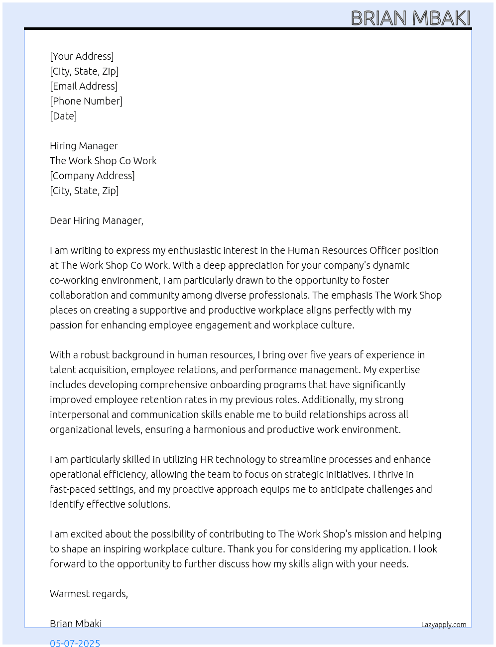 Human Resources Officer At The Work Shop Co Work  Cover Letter