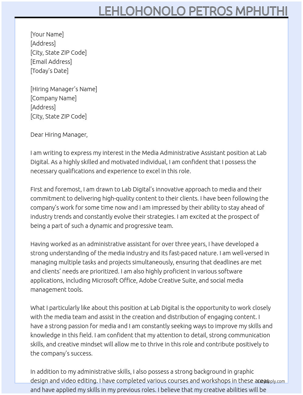 Cover letter for media administrative assistant - LazyApply