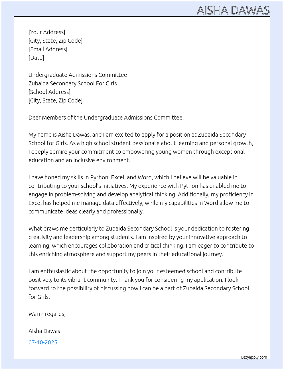 Cover letter for high school student - LazyApply