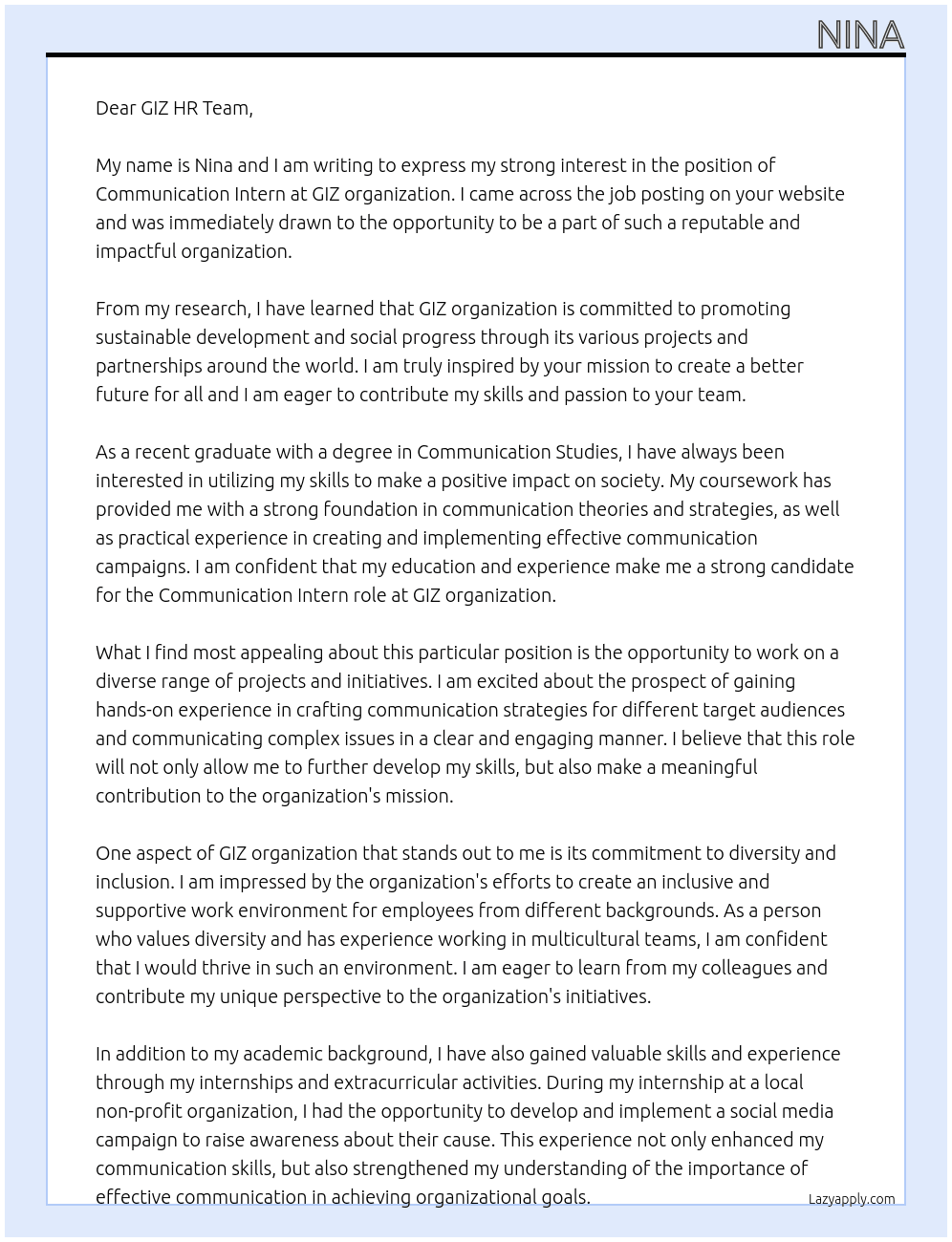 Communication Intern At GIZ organization Cover Letter